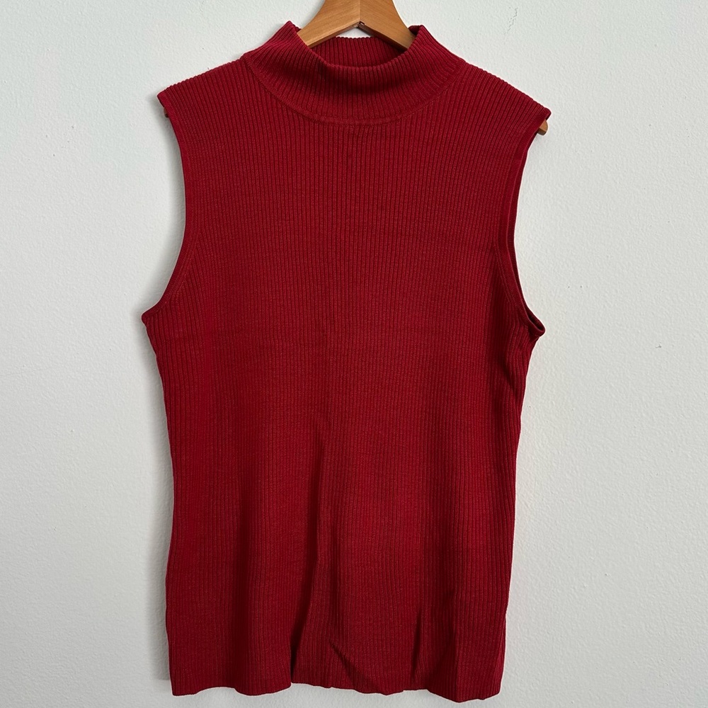 Red Ribbed Knit Sleeveless Turtleneck Sweater Vest, Size Large